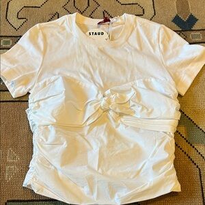 STAUD White Gathered Short Sleeve Top